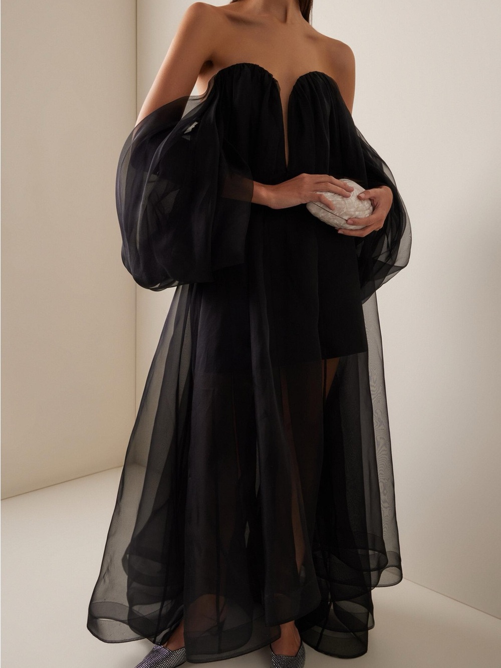 Zimmermann Crush Off-Shoulder Black Silk Maxi Dress